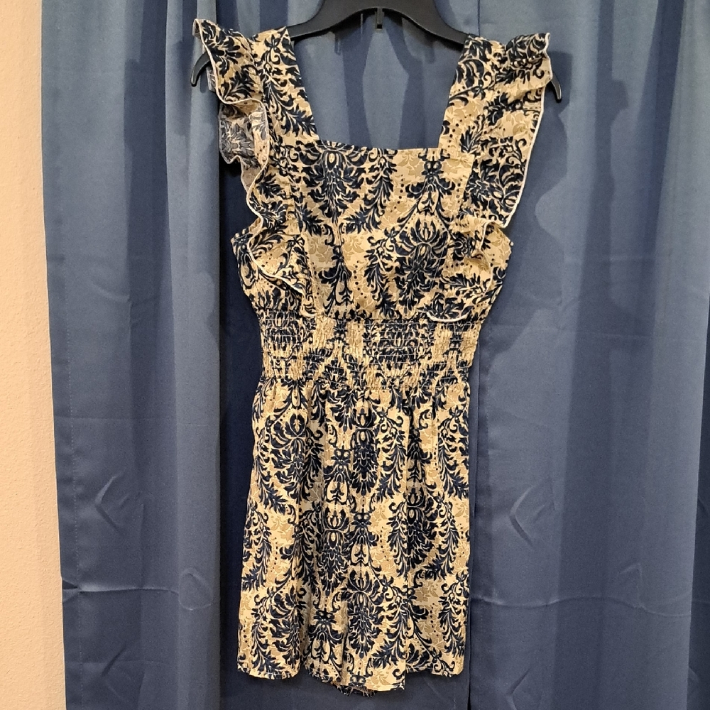 SHEIN Blue and Cream Floral Ruffle Mini Dress